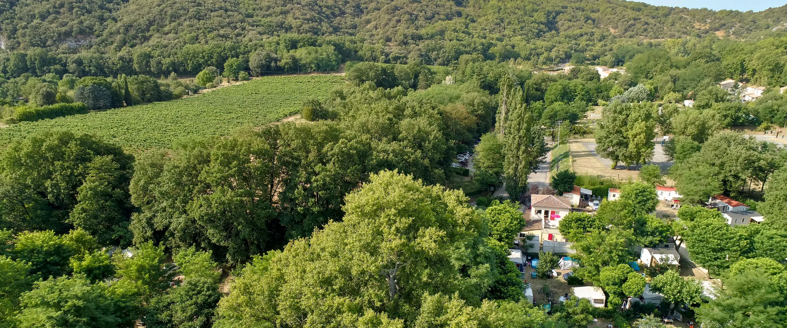 Le Camping Le Clapas à Salavas vu du ciel, ses emplacements sous les grands arbres, entre vignes et collines de l'Ardèche