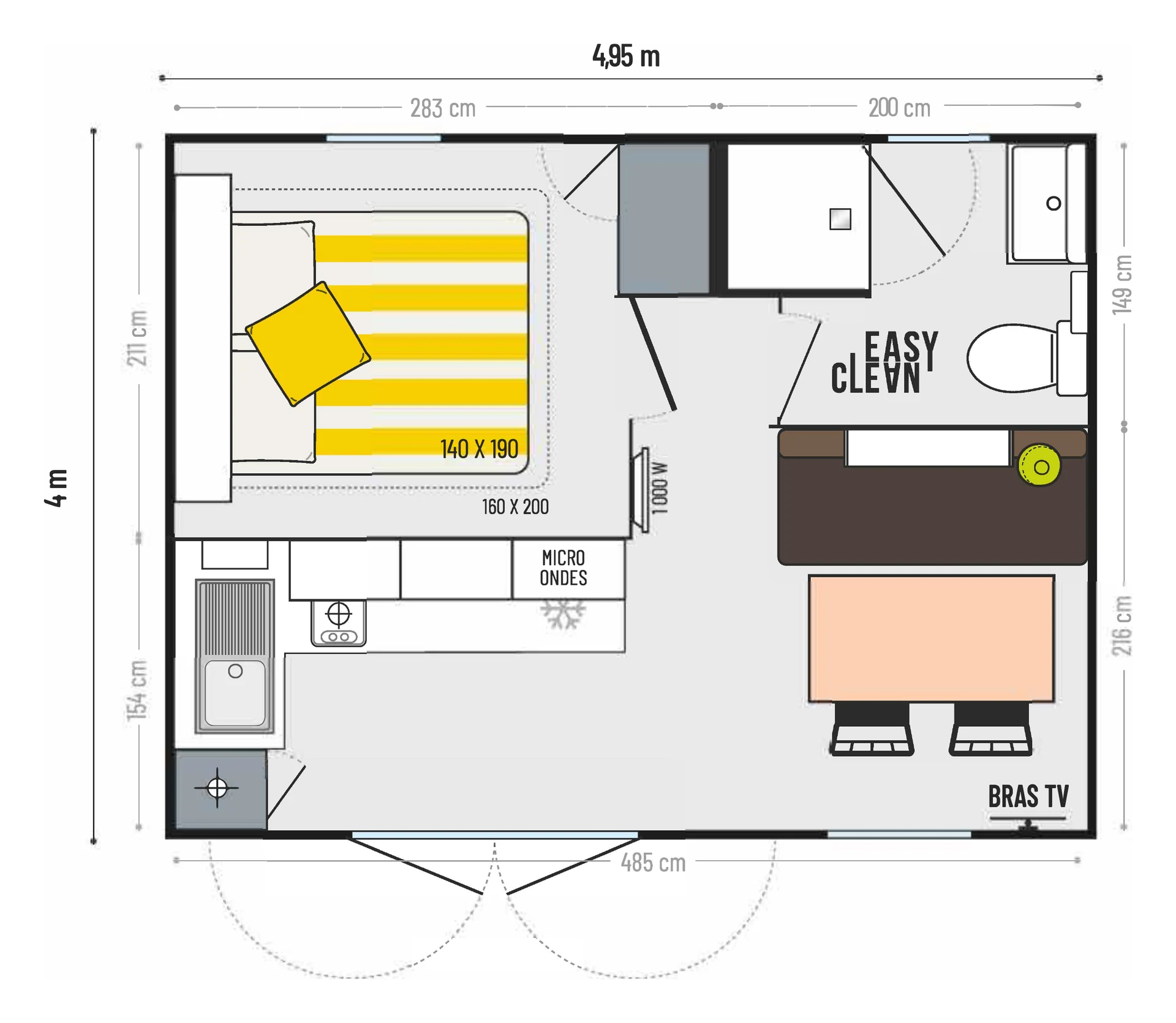 Floor plan of the 5 by 4 m mobile home with one bedroom, a bathroom with shower and toilet, a kitchen and a dining area