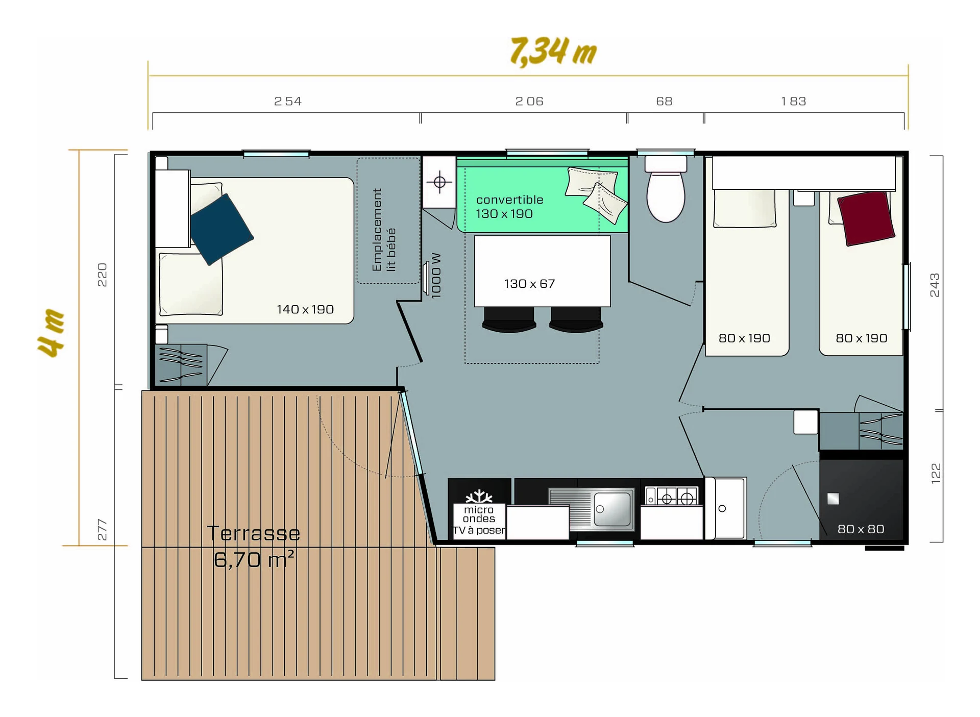 Floor plan of the mobile home with two bedrooms, a bathroom, a separate toilet, a kitchen, a dining area and a corner terrace