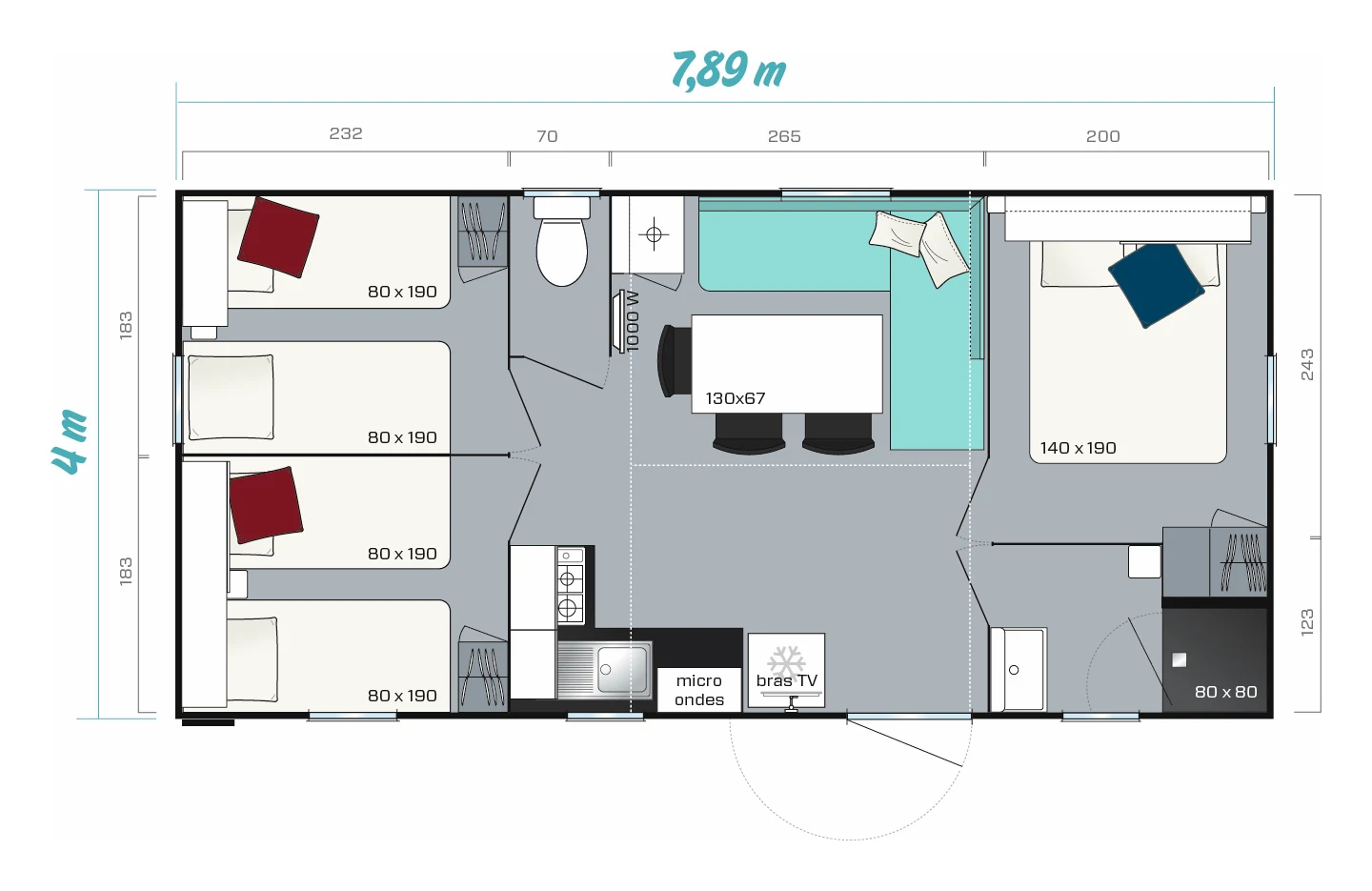 Plan du mobil-home avec trois chambres, une salle de bain, des WC séparés, une cuisine et un coin repas