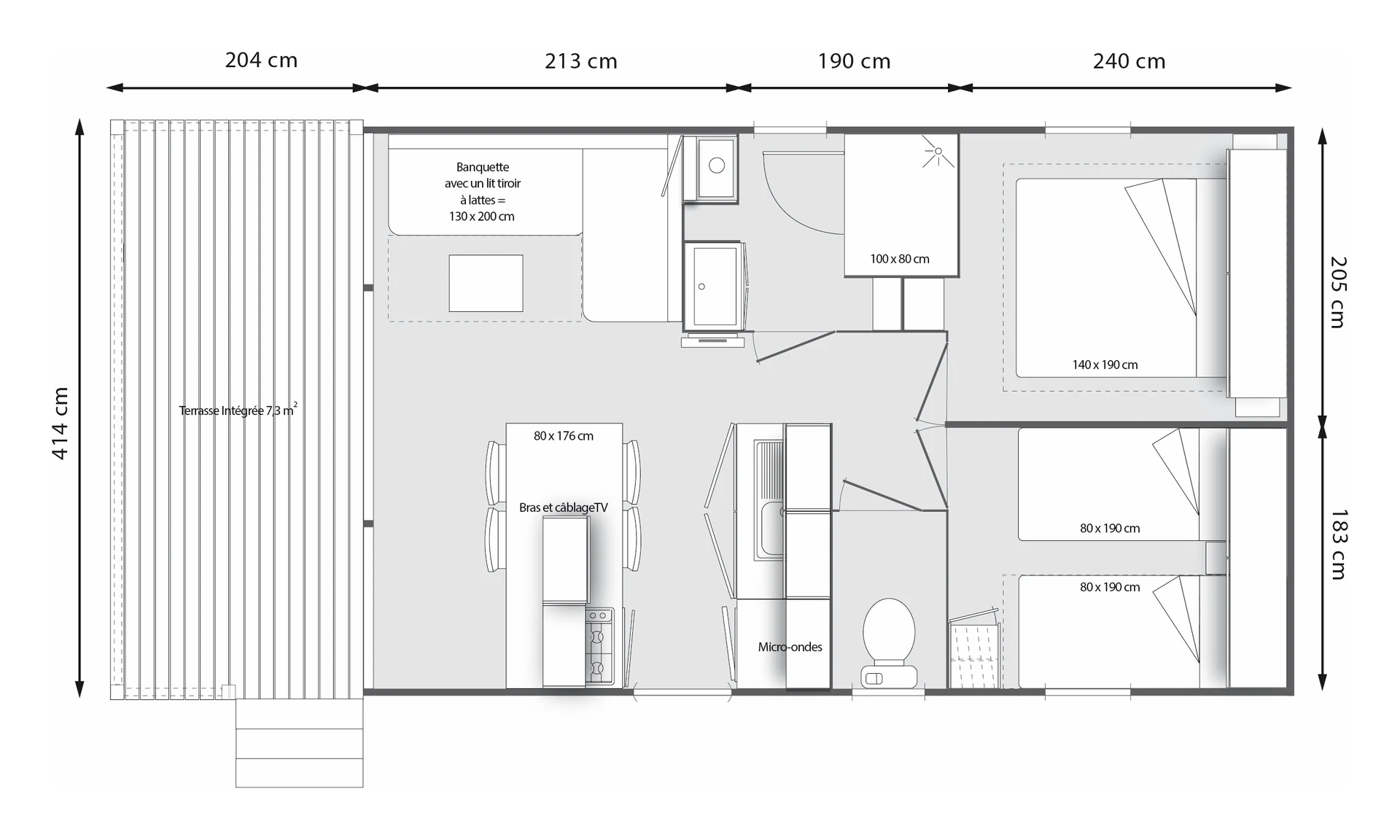 Floor plan of the mobile home with two bedrooms, a bathroom, a separate toilet, a kitchen, a dining area and an integrated terrace