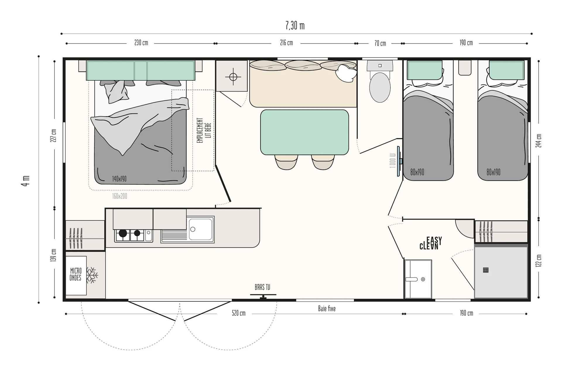 Floor plan of the mobile home with two bedrooms, a bathroom, a separate toilet, a kitchen and a dining area