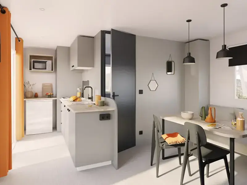 The mobile home kitchen and dining area, manufacturer's image