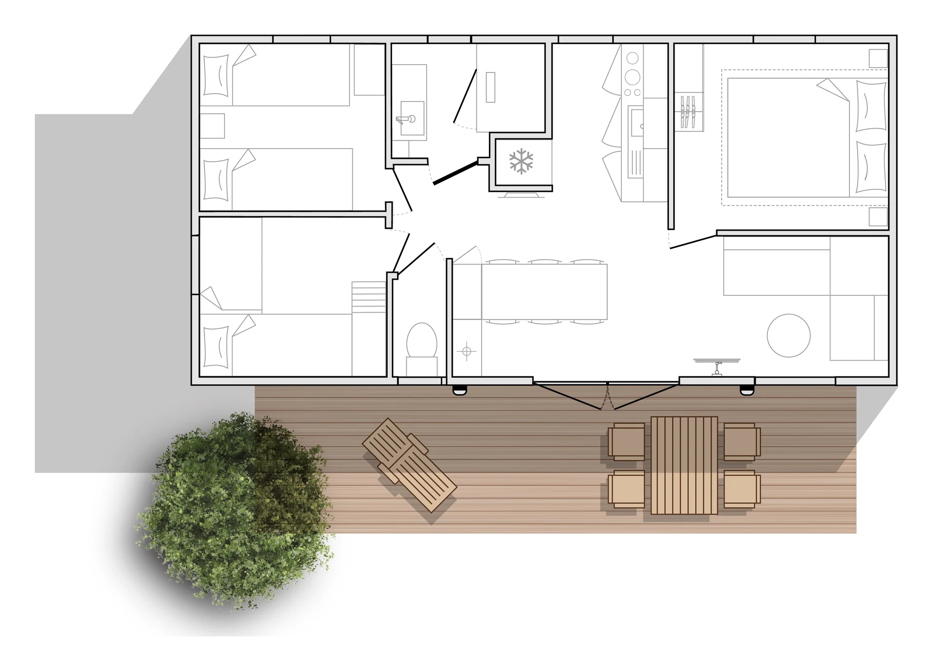 Grundriss des Mobilheims mit drei Schlafzimmern, einem Badezimmer, separatem WC, einer Küche, einer Essecke und einer Terrasse entlang der Front