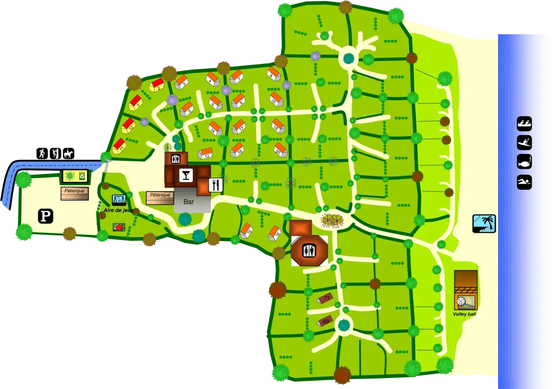 Plan du Camping Le Clapas, de l'entrée et du parking jusqu'à la plage au bord de l'Ardèche