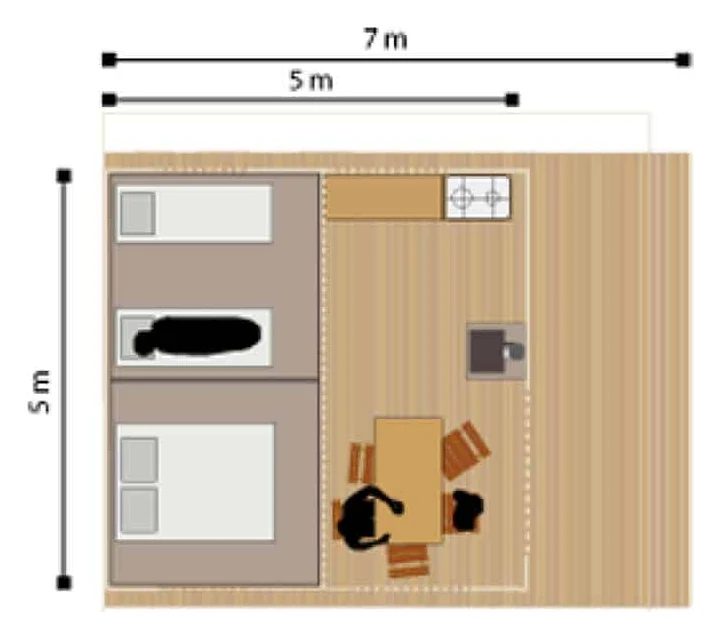 Plan de la tente Lodge avec deux chambres, espace repas, cuisine équipée et terrasse